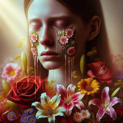 The primary subject of the image is a woman with a tear on her face, surrounded by a beautiful floral arrangement. The setting is a garden, with the woman standing in the middle of the flowers. The visual style is a digital art illustration, creating a vibrant and emotional atmosphere. The colors are predominantly pink and red, with the flowers adding a touch of green and yellow. The overall mood of the image is one of love, sadness, and the beauty of nature.